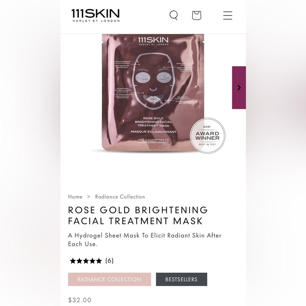 111SKYN ROSE GOLD BRIGHTENING FACIAL TREATMENT MASK